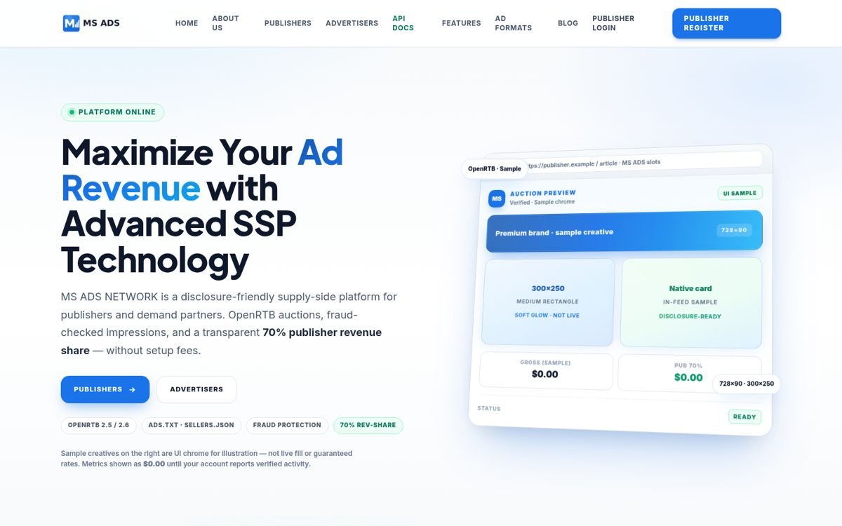 MS Ads Network — AdTech & SSP monetisation platform built by MS TECH IT